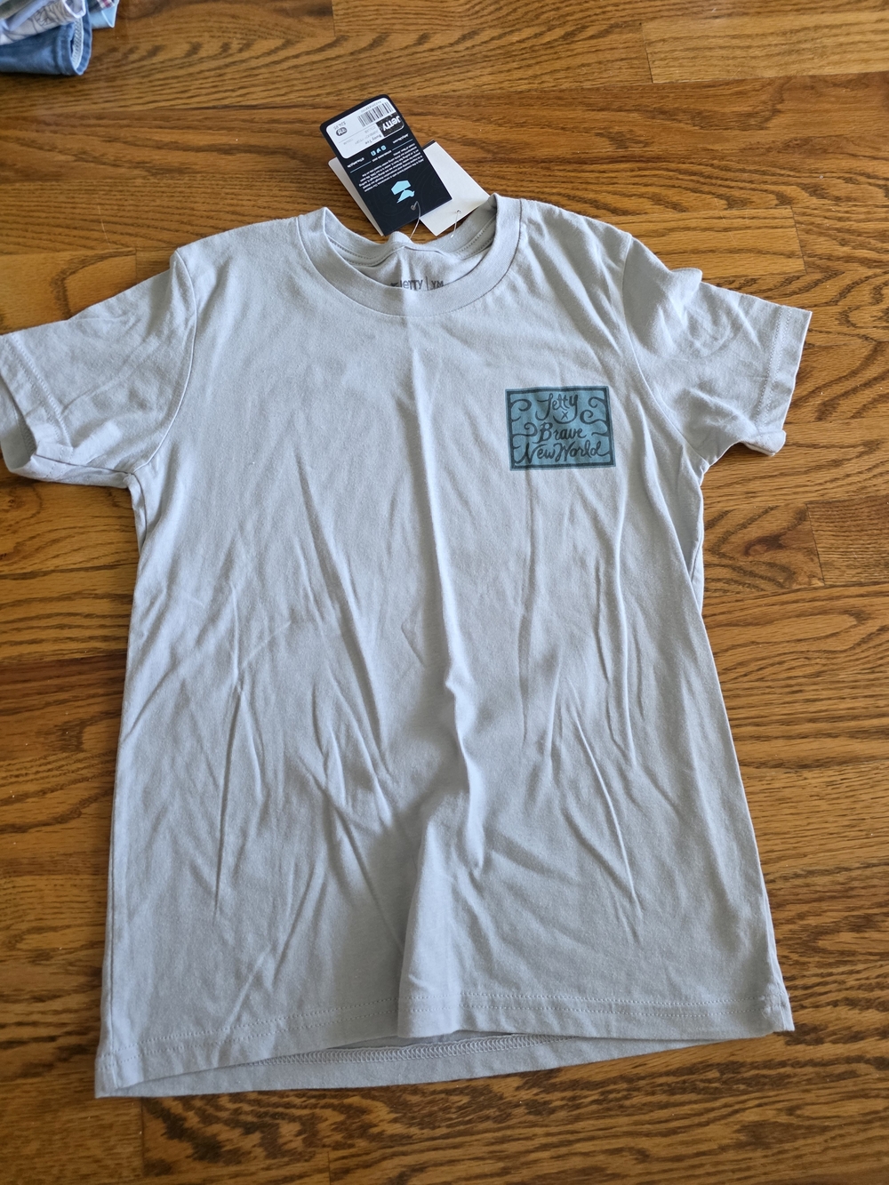 Brave New World Kids Short‑Sleeve Tee — Light Gray with Teal Design